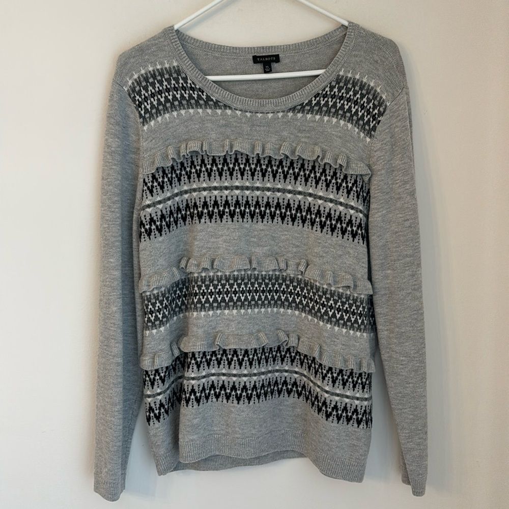Talbots Women’s Fair Isle Lambs wool blend ruffle knit sweater gray black XL EUC